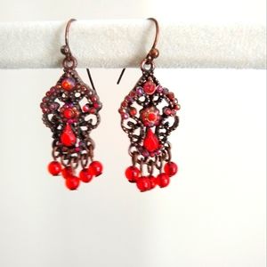 Red Beaded Bronze Tone Drop Earrings